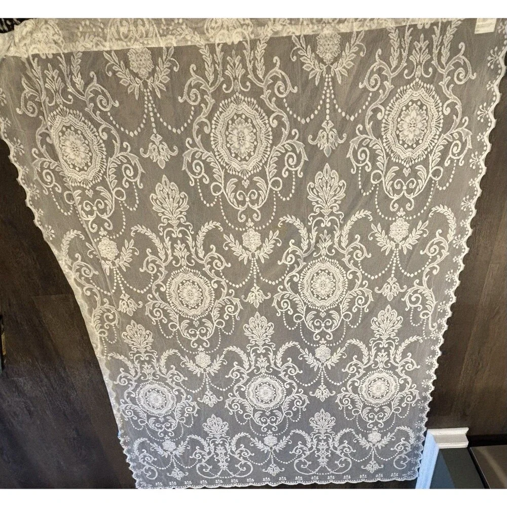Romantic Cottage Ivory Floral Garlands Lace Curtains Scalloped Edge 2 Panels